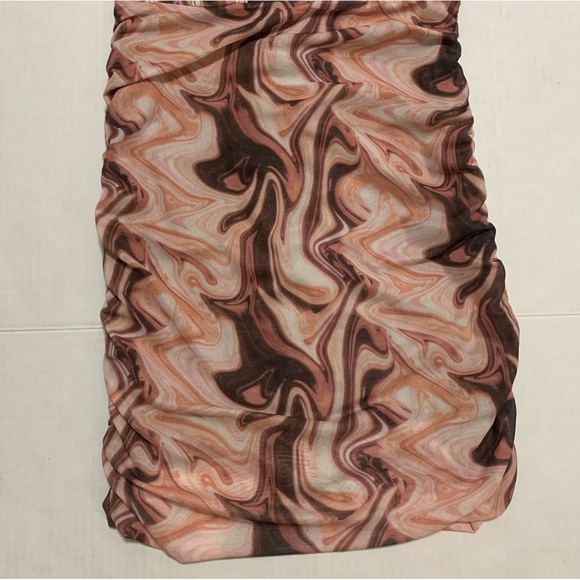 🛍️ BLANC Brown Marble Print One-Shoulder Ruched Mesh Mini Dress - Size S - Picture 5 of 10